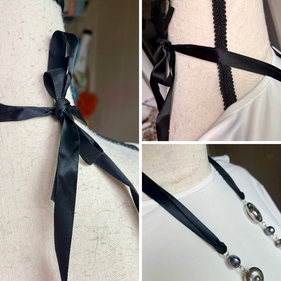 Necklace silver/gray beads black ribbon asymmetrical  jewelry - Picture 11 of 15